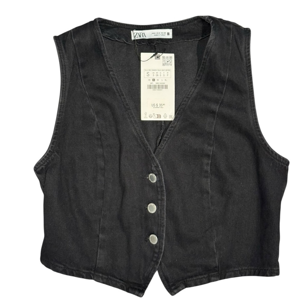 ZARA Cropped Black Denim Vest – Size S – New With Tags - Picture 4 of 4